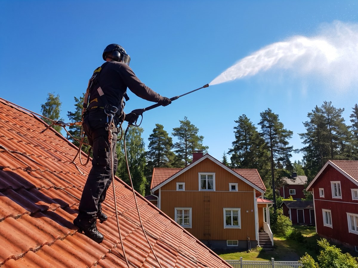 Kattopesijä työssä tiilikatolla turvavaljaissa